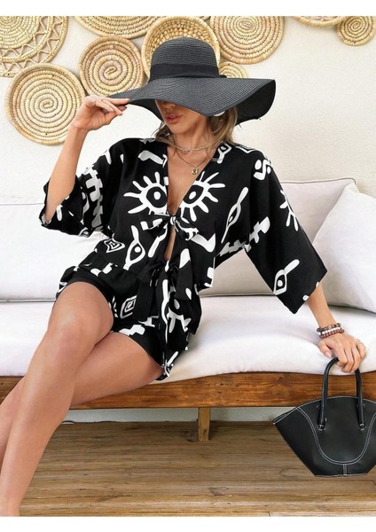 Kadın %100 Pamuk Şortlu Ceketli Desenli Yazlık Spor Şık Rahat Kalıp Kimonolu Şort Alt Üst Takım
