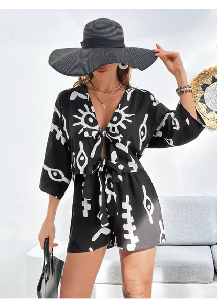 Kadın %100 Pamuk Şortlu Ceketli Desenli Yazlık Spor Şık Rahat Kalıp Kimonolu Şort Alt Üst Takım fiyatları