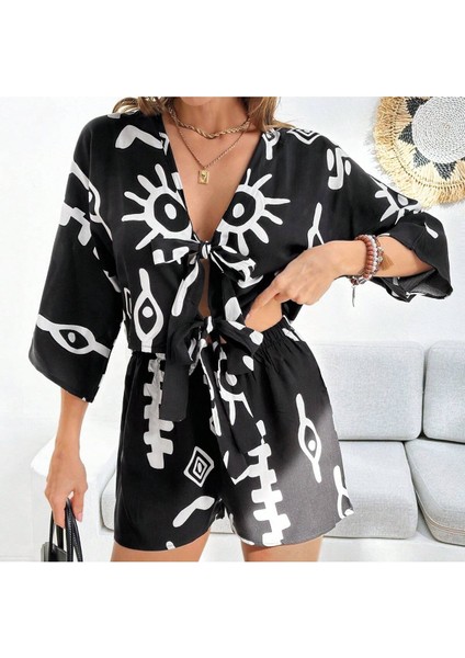 Kadın %100 Pamuk Şortlu Ceketli Desenli Yazlık Spor Şık Rahat Kalıp Kimonolu Şort Alt Üst Takım fırsatları