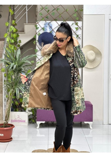 NC56194 Kapişonlu Kürklü Keçe Kaban fiyatları