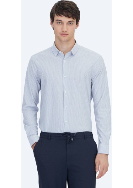 Mavi Çizgili Regular Fit Casual Pamuk Karışımlı Gömlek