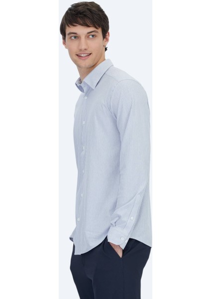 Mavi Çizgili Regular Fit Casual Pamuk Karışımlı Gömlek fiyatları