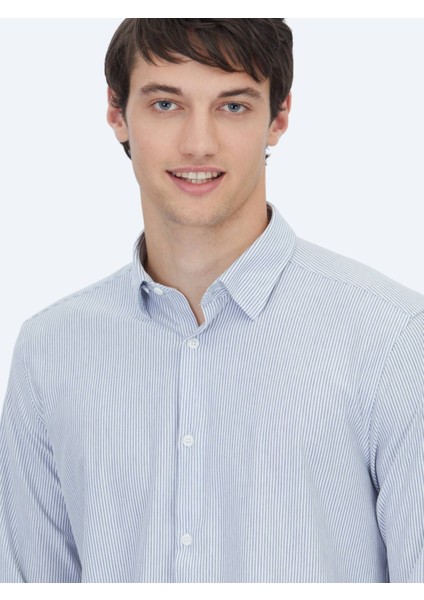 Mavi Çizgili Regular Fit Casual Pamuk Karışımlı Gömlek modelleri