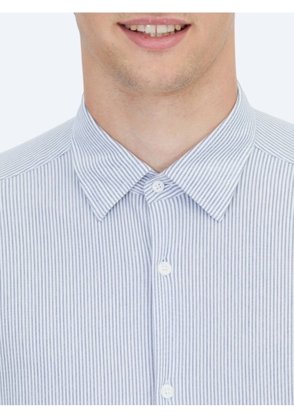 Mavi Çizgili Regular Fit Casual Pamuk Karışımlı Gömlek fırsatları