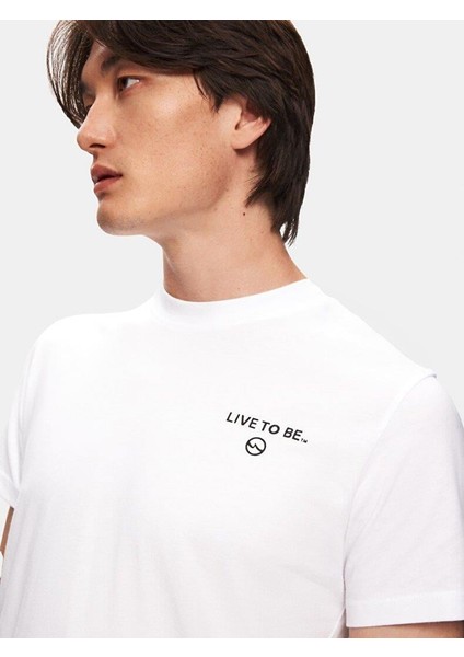 Erkek Kısa Kollu Sıfır Yaka Mini Sloganlı Regular Beyaz T-shırt