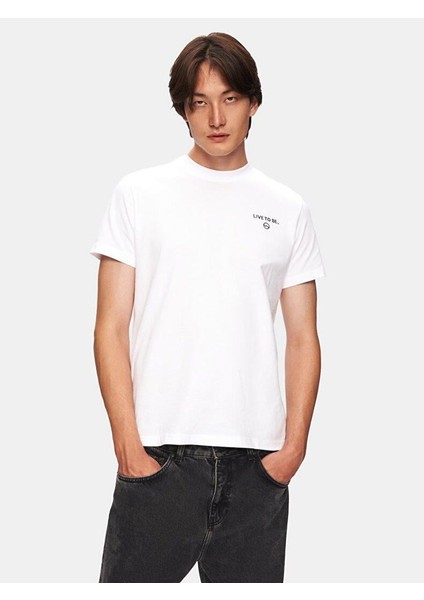 Erkek Kısa Kollu Sıfır Yaka Mini Sloganlı Regular Beyaz T-shırt