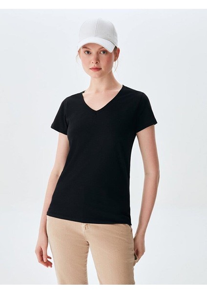 Kadın V Yaka Basıc Kısa Kol Regular Siyah T-shırt