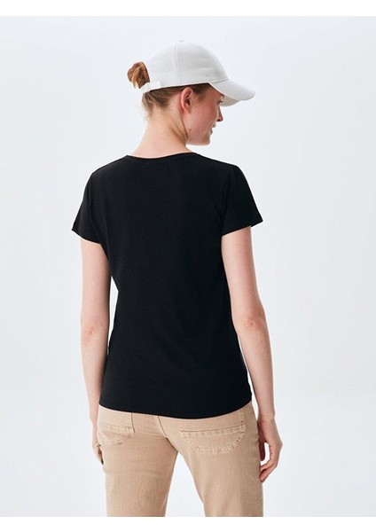 Kadın V Yaka Basıc Kısa Kol Regular Siyah T-shırt