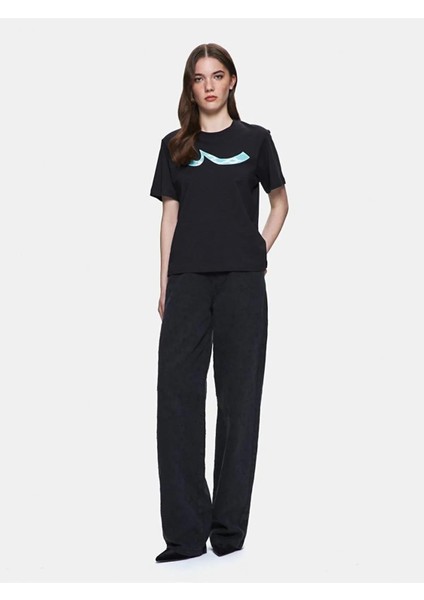 Kadın Regular Sıgnlı Kısa Kollu Siyah T-shırt