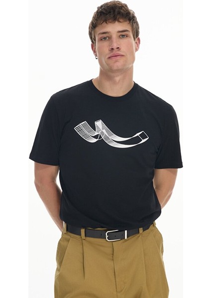 Erkek Kısa Kollu Sıfır Yaka Sıgn Baskılı Regular Siyah T-shırt