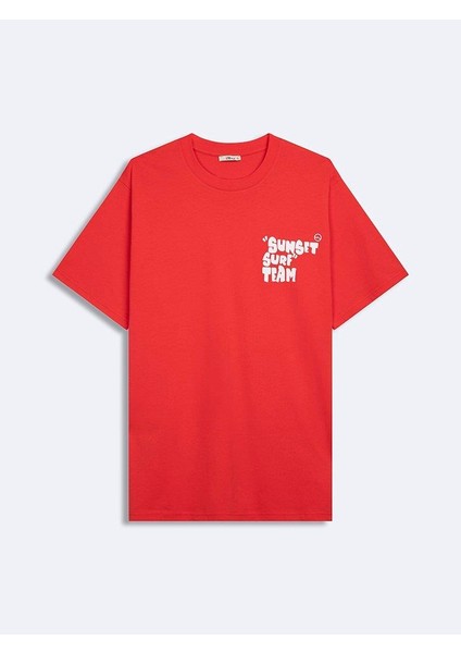 Erkek Kısa Kollu Sıfır Yaka Slogan Baskılı Regular Kırmızı T-shırt modelleri
