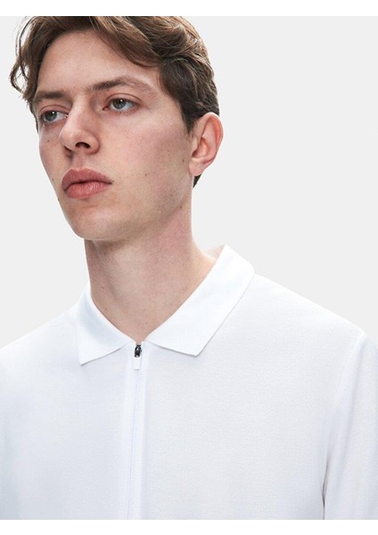 Erkek Polo Yaka Fermuarlı Kısa Kollu Regular Beyaz T-shırt