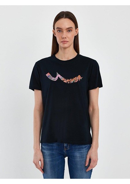 Kadın Sıgn Baskılı Kısa Kollu Regular Lacivert T-shırt