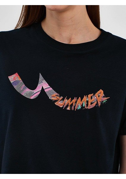 Kadın Sıgn Baskılı Kısa Kollu Regular Lacivert T-shırt