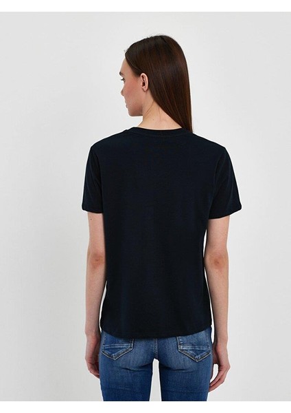 Kadın Sıgn Baskılı Kısa Kollu Regular Lacivert T-shırt