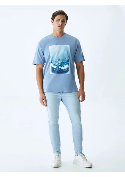ErkekLogolu Baskılı Mavi T-shırt