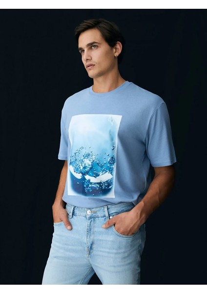 ErkekLogolu Baskılı Mavi T-shırt