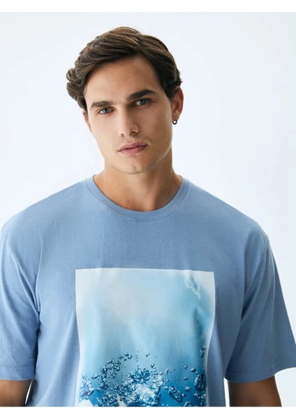 ErkekLogolu Baskılı Mavi T-shırt