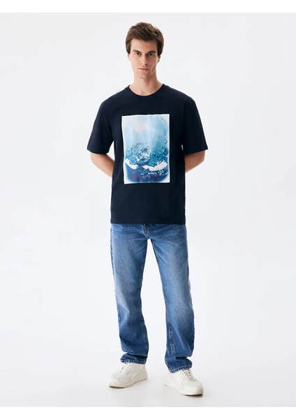 ErkekLogolu Baskılı Lacivert T-shırt
