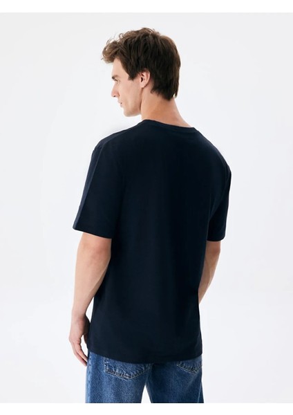 ErkekLogolu Baskılı Lacivert T-shırt