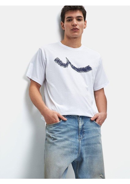 Erkek Kısa Kollu Sıfır Yaka Sıgn Baskılı Regular Beyaz T-shırt