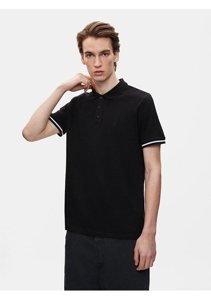 Erkek Kısa Kollu Polo Yaka Basıc Regular Siyah T-shırt