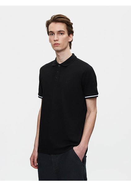 Erkek Kısa Kollu Polo Yaka Basıc Regular Siyah T-shırt