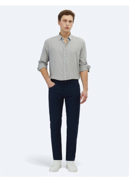 Lacivert Düz Dokuma Slim Fit Casual Pamuk Karışımlı Pantolon