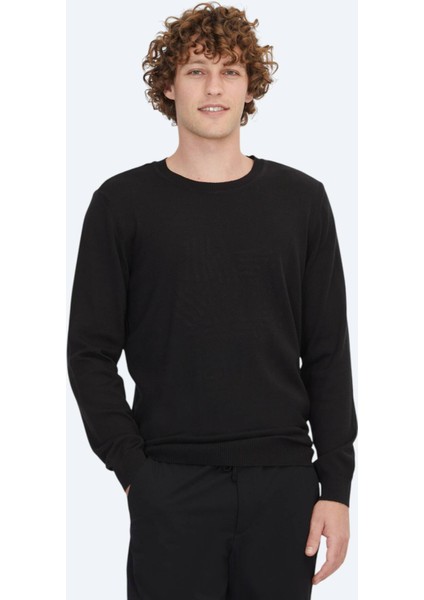 Siyah Bisiklet Yaka Desenli Pamuk Karışımlı Triko Kazak