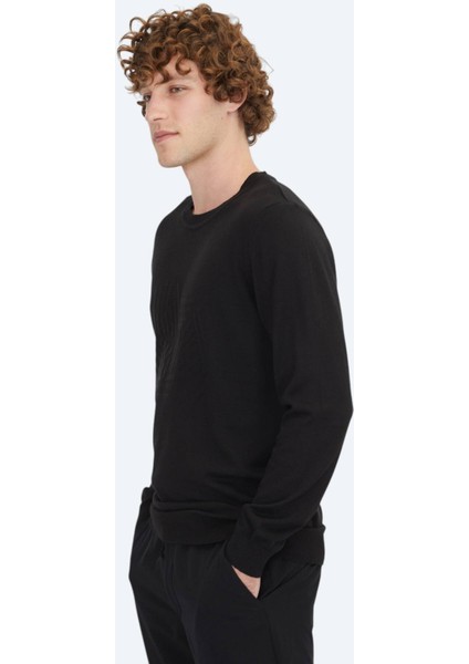 Siyah Bisiklet Yaka Desenli Pamuk Karışımlı Triko Kazak