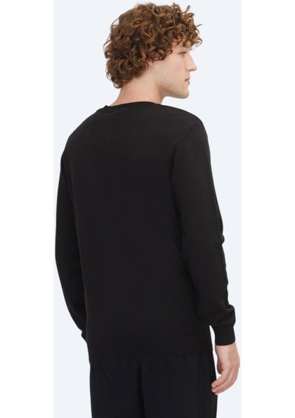 Siyah Bisiklet Yaka Desenli Pamuk Karışımlı Triko Kazak