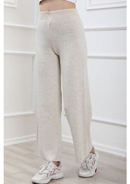 Bol Paça Kadın Pantolon Pamuk-Elastan Karışımıyla Rahat Kullanım Taş Renk