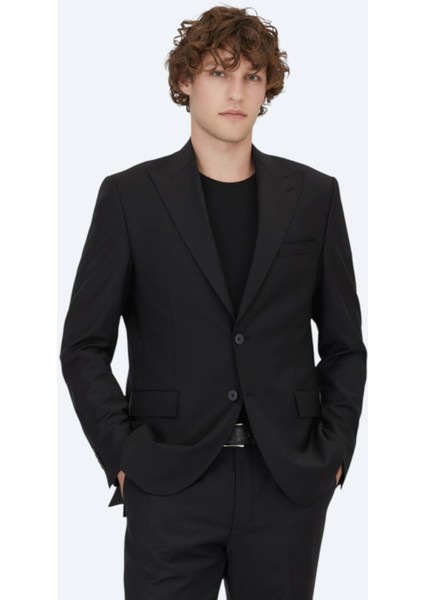 Siyah Düz Modern Fit Yün Karışımlı Takım Elbise