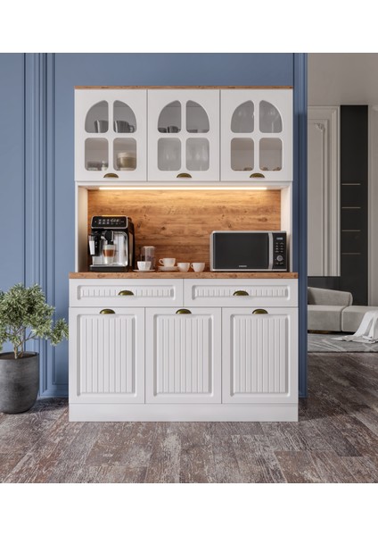 Efes Komple Mdf Kahve Köşesi - 140 cm Mdf Mutfak Dolabı - Dokunmatik LED Aydınlatmalı Kahve Köşesi