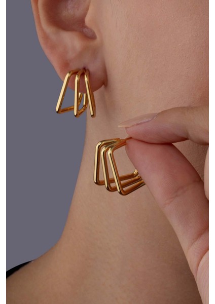 Kare Kesim Üçlü Altın Kaplama Çelik Kadın Küpe