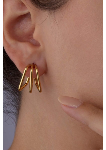 Kare Kesim Üçlü Altın Kaplama Çelik Kadın Küpe modelleri