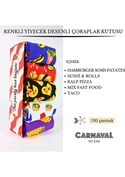 5'li Fast Food Desenler Tasarım Kutulu Çorap Seti