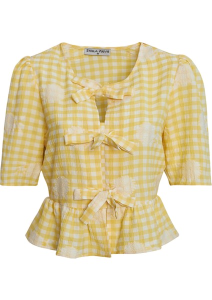 Sarı Çiçekli Pötikare Fiyonklu Bluz