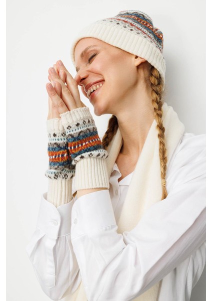 Kadın Jakarlı Yün Eldiven Kemik