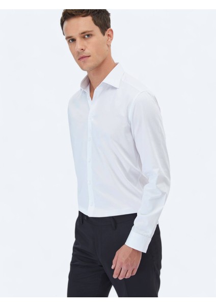 Beyaz Düz Slim Fit Dokuma Klasik %100 Pamuk Gömlek