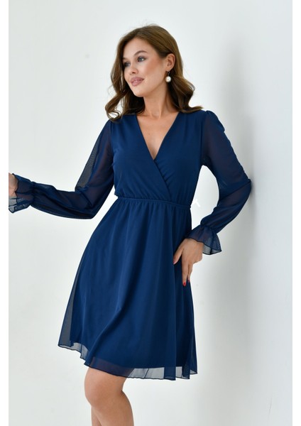 Kadın Şifon Kruvaze Curve Volanlı Esnek Tül Uzun Kol Şık Büyük Beden Elbise