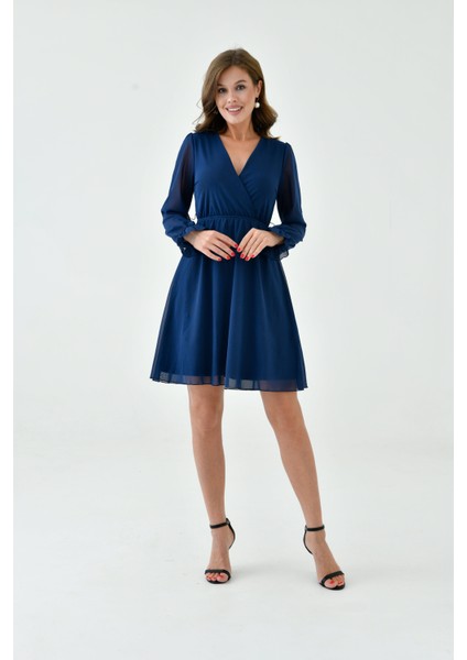 Kadın Şifon Kruvaze Curve Volanlı Esnek Tül Uzun Kol Şık Büyük Beden Elbise modelleri