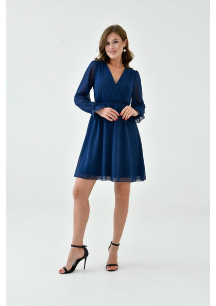 Kadın Şifon Kruvaze Curve Volanlı Esnek Tül Uzun Kol Şık Büyük Beden Elbise indirimleri