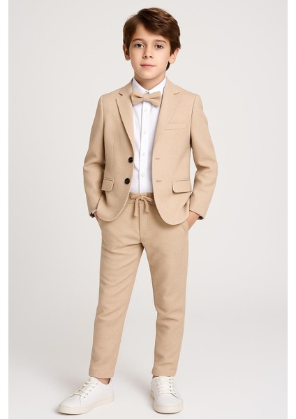 Erkek Çocuk Krem Renk Takım Elbise 4'lü Set (Ceket, Gömlek, Papyon, 5430