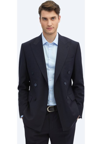 Lacivert Düz Modern Fit Yün Karışımlı Takım Elbise