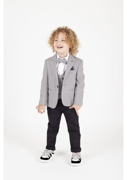 Çocuk Smokin Takım – Gri Ceket, Yelek ve Papyonlu Şık Kombin Ceketli Takım 5694 modelleri