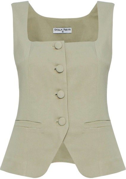 Haki Astarsız Kare Yaka Yelek