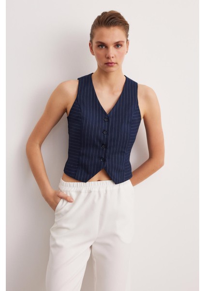 Lacivert Astarsız Çizgili Yelek