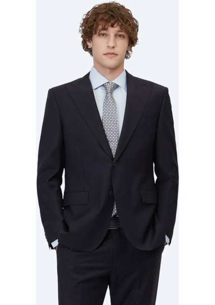 Lacivert Düz Modern Fit Yün Karışımlı Takım Elbise