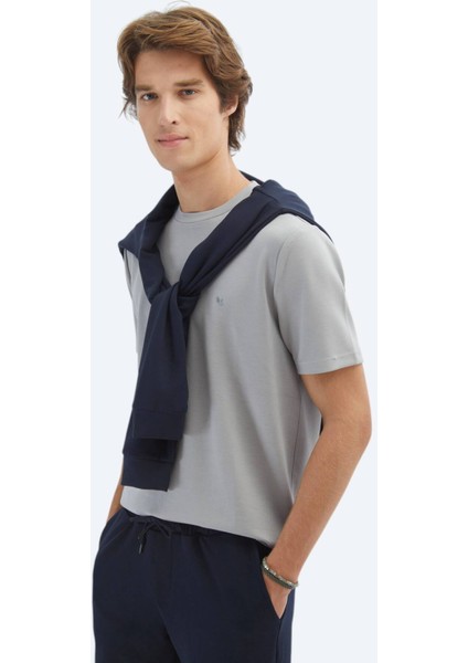 Gri Düz Bisiklet Yaka T-Shirt modelleri